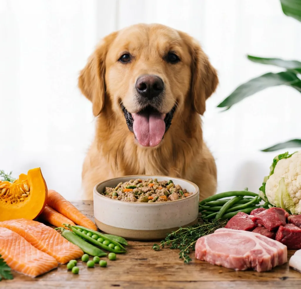 Cão feliz se alimentando de comida natural